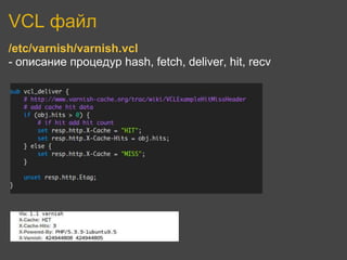 VCL файл
/etc/varnish/varnish.vcl
- описание процедур hash, fetch, deliver, hit, recv
 