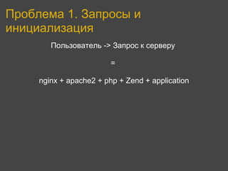 Проблема 1. Запросы и
инициализация
        Пользователь -> Запрос к серверу

                         =

     nginx + apache2 + php + Zend + application
 