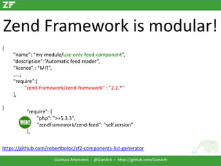 Zend Framework is modular!
{
“name”: “my-module/use-only-feed-component”,
“description”:”Automatic feed reader”,
“licence” : “MIT”,
…..,
“require”:[
“zend-framework/zend-framework” : “2.2.*”
],
}

"require": {
"php": ">=5.3.3",
"zendframework/zend-feed": "self.version”
},

https://github.com/robertboloc/zf2-components-list-generator
Gianluca Arbezzano - @GianArb – https://github.com/GianArb

 