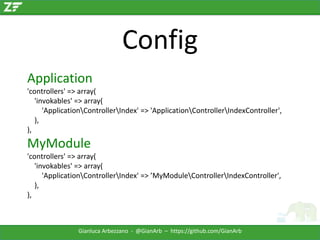 Config
Application
'controllers' => array(
'invokables' => array(
'ApplicationControllerIndex' => 'ApplicationControllerIn...