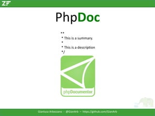 PhpDoc
**
* This is a summary.
*
* This is a description
*/

Gianluca Arbezzano - @GianArb – https://github.com/GianArb

 