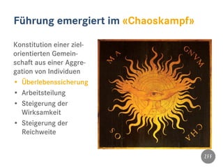 Führung emergiert im «Chaoskampf»
Konstitution einer ziel-
orientierten Gemein-
schaft aus einer Aggre-
gation von Individuen
• Überlebenssicherung
• Arbeitsteilung
• Steigerung der
Wirksamkeit
• Steigerung der
Reichweite
 