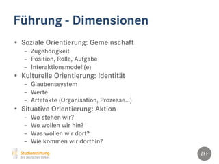 Führung - Dimensionen
• Soziale Orientierung: Gemeinschaft
– Zugehörigkeit
– Position, Rolle, Aufgabe
– Interaktionsmodell(e)
• Kulturelle Orientierung: Identität
– Glaubenssystem
– Werte
– Artefakte (Organisation, Prozesse…)
• Situative Orientierung: Aktion
– Wo stehen wir?
– Wo wollen wir hin?
– Was wollen wir dort?
– Wie kommen wir dorthin?
 