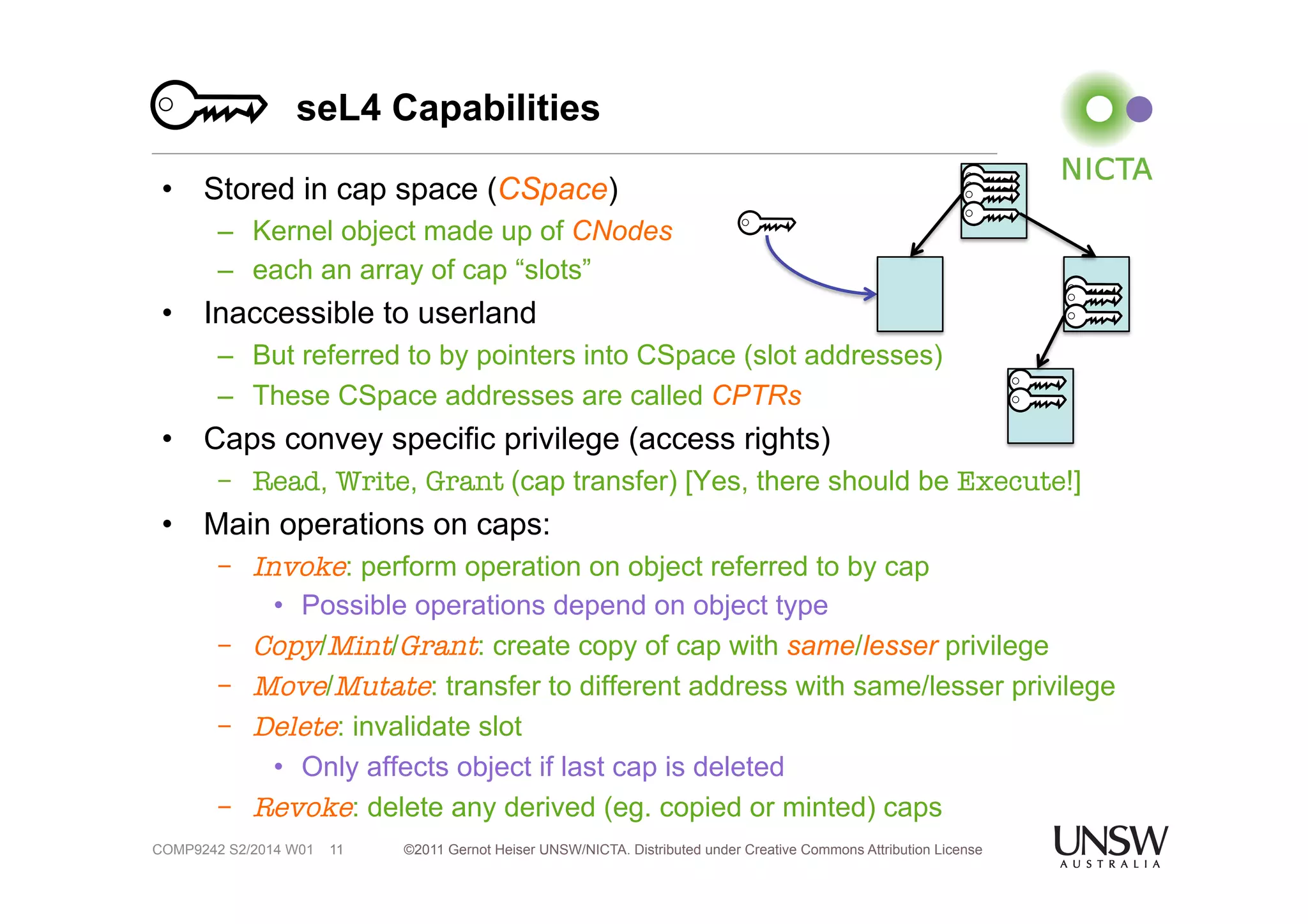 seL4 Capabilities 
• Stored in cap space (CSpace) 
– Kernel object made up of CNodes 
– each an array of cap “slots” 
• Inaccessible to userland 
– But referred to by pointers into CSpace (slot addresses) 
– These CSpace addresses are called CPTRs 
• Caps convey specific privilege (access rights) 
– Read, Write, Grant (cap transfer) [Yes, there should be Execute!] 
• Main operations on caps: 
– Invoke: perform operation on object referred to by cap 
• Possible operations depend on object type 
– Copy/Mint/Grant: create copy of cap with same/lesser privilege 
– Move/Mutate: transfer to different address with same/lesser privilege 
– Delete: invalidate slot 
• Only affects object if last cap is deleted 
– Revoke: delete any derived (eg. copied or minted) caps 
©2011 Gernot Heiser UNSW/NICTA. Distributed under Creative Commons 11 Attribution License 
COMP9242 S2/2014 W01 
 