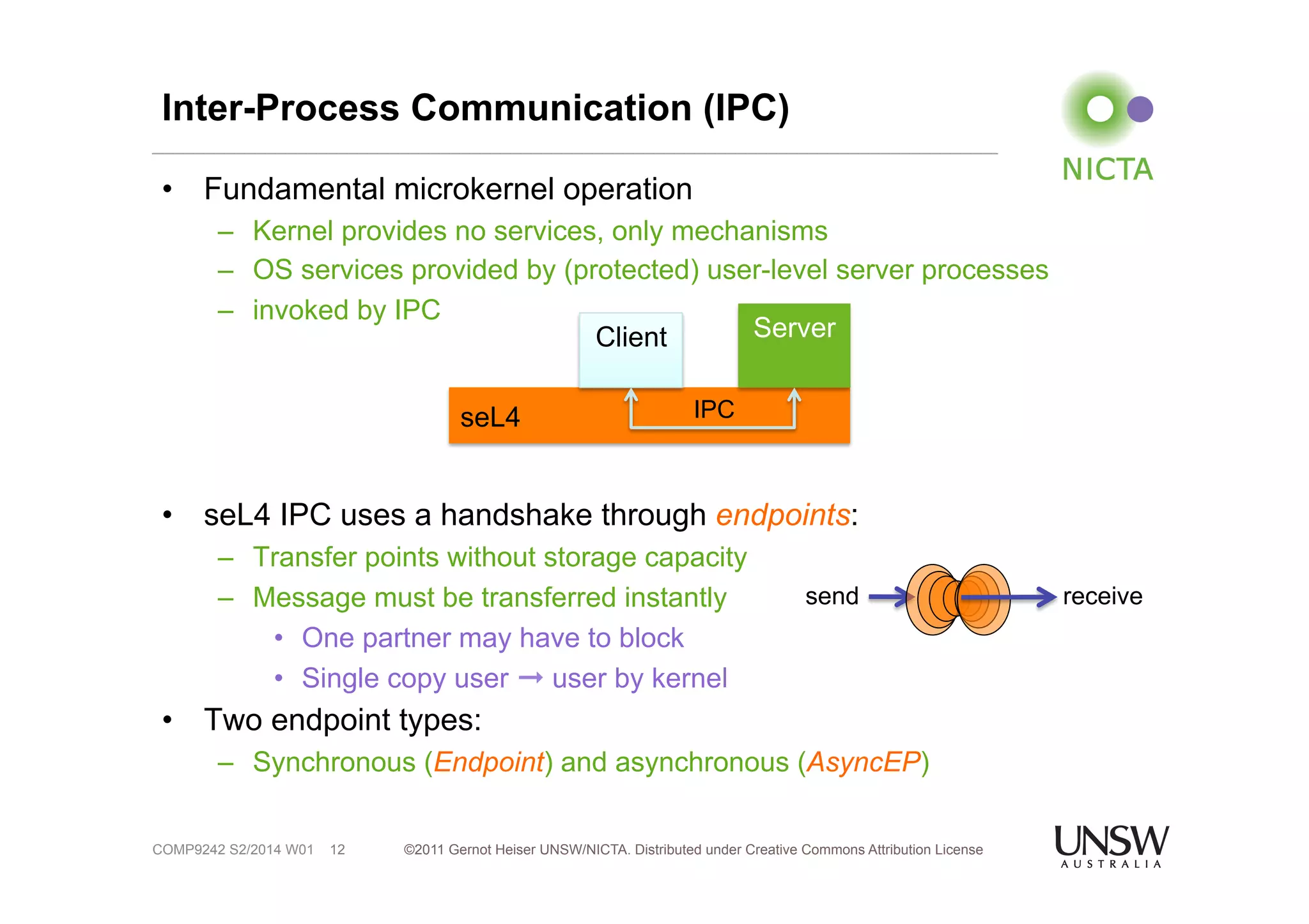 Inter-Process Communication (IPC) 
• Fundamental microkernel operation 
– Kernel provides no services, only mechanisms 
– OS services provided by (protected) user-level server processes 
– invoked by IPC 
• seL4 IPC uses a handshake through endpoints: 
– Transfer points without storage capacity 
– Message must be transferred instantly 
• One partner may have to block 
• Single copy user ➞ user by kernel 
• Two endpoint types: 
– Synchronous (Endpoint) and asynchronous (AsyncEP) 
©2011 Gernot Heiser UNSW/NICTA. Distributed under Creative Commons 12 Attribution License 
COMP9242 S2/2014 W01 
seL4 
Client Server 
IPC 
send receive 
 