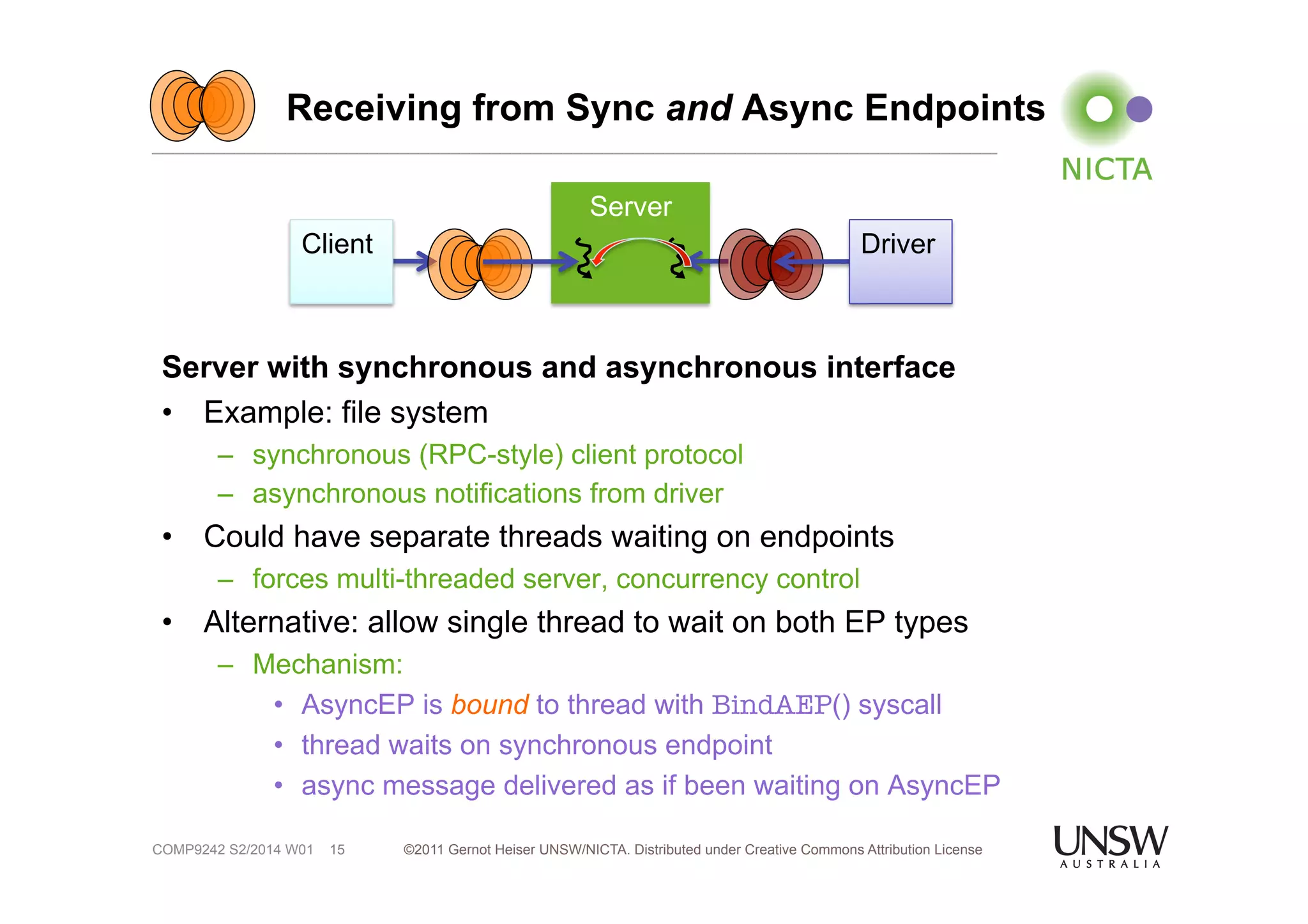 Receiving from Sync and Async Endpoints 
Server with synchronous and asynchronous interface 
• Example: file system 
– synchronous (RPC-style) client protocol 
– asynchronous notifications from driver 
• Could have separate threads waiting on endpoints 
– forces multi-threaded server, concurrency control 
• Alternative: allow single thread to wait on both EP types 
– Mechanism: 
• AsyncEP is bound to thread with BindAEP() syscall 
• thread waits on synchronous endpoint 
• async message delivered as if been waiting on AsyncEP 
©2011 Gernot Heiser UNSW/NICTA. Distributed under Creative Commons 15 Attribution License 
COMP9242 S2/2014 W01 
Server 
Client Driver 
 