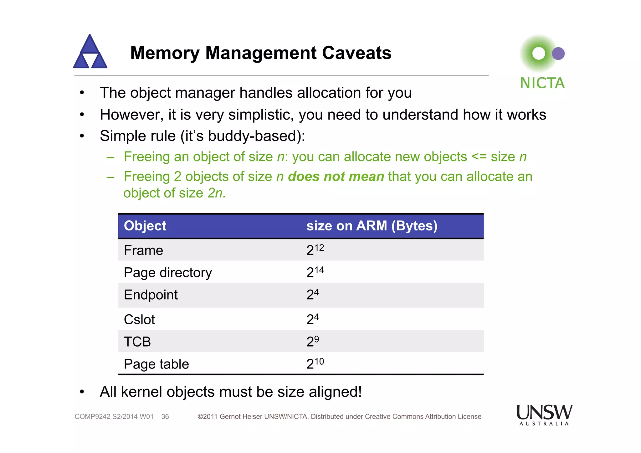 Memory Management Caveats 
• The object manager handles allocation for you 
• However, it is very simplistic, you need to understand how it works 
• Simple rule (it’s buddy-based): 
– Freeing an object of size n: you can allocate new objects <= size n 
– Freeing 2 objects of size n does not mean that you can allocate an 
object of size 2n. 
Object size on ARM (Bytes) 
Frame 212 
Page directory 214 
Endpoint 24 
Cslot 24 
TCB 29 
Page table 210 
• All kernel objects must be size aligned! 
©2011 Gernot Heiser UNSW/NICTA. Distributed under Creative Commons 36 Attribution License 
COMP924 2 S2/2014 W01 
 