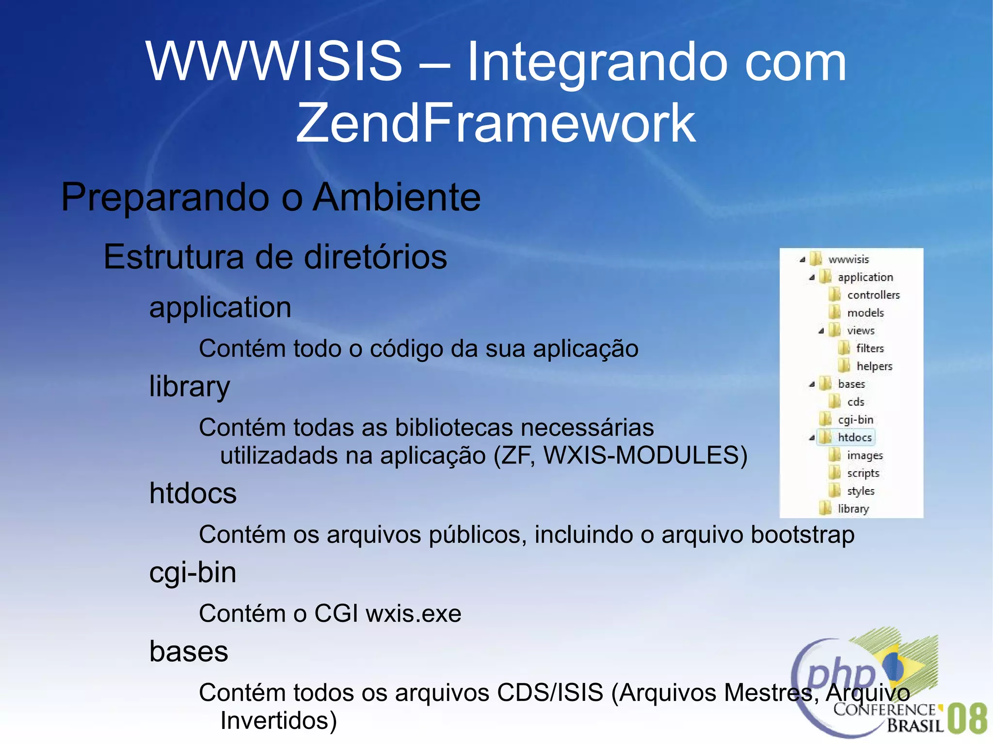 WWWISIS – Integrando com ZendFramework Preparando o Ambiente Estrutura de diretórios application Contém todo o código da sua aplicação library Contém todas as bibliotecas necessárias utilizadads na aplicação (ZF, WXIS-MODULES) htdocs Contém os arquivos públicos, incluindo o arquivo bootstrap cgi-bin Contém o CGI wxis.exe bases Contém todos os arquivos CDS/ISIS (Arquivos Mestres, Arquivo Invertidos) 