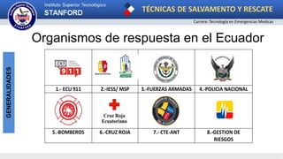 TÉCNICAS DE SALVAMENTO Y RESCATE
Carrera: Tecnología en Emergencias Medicas
GENERALIDADES
Organismos de respuesta en el Ecuador
1.- ECU 911 2.-IESS/ MSP 3.-FUERZAS ARMADAS 4.-POLICIA NACIONAL
5.-BOMBEROS 6.-CRUZ ROJA 7.- CTE-ANT 8.-GESTION DE
RIESGOS
 