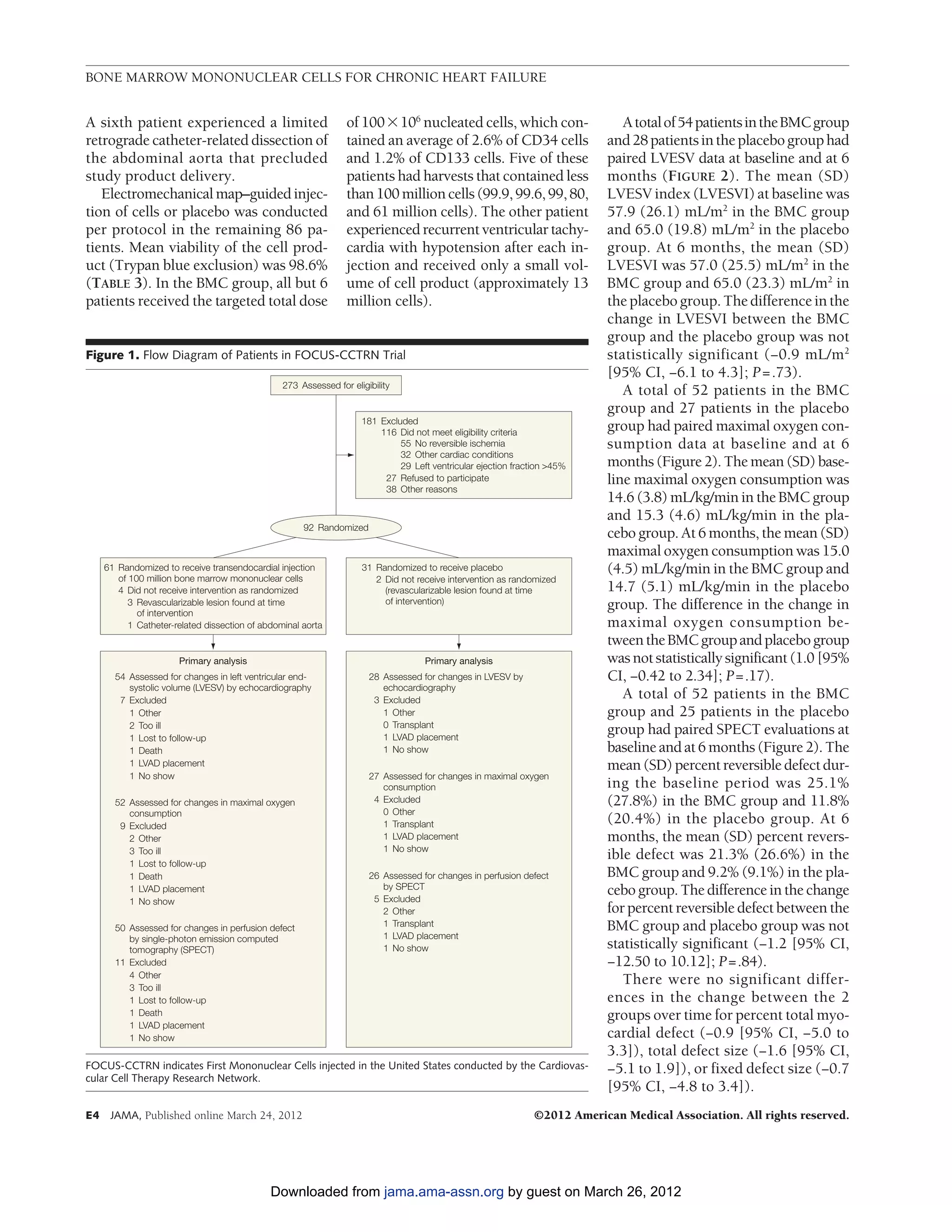BONE MARROW MONONUCLEAR CELLS FOR CHRONIC HEART FAILURE


A sixth patient experienced a limited                            of 100ϫ106 nucleated cells, which con-                        A total of 54 patients in the BMC group
retrograde catheter-related dissection of                        tained an average of 2.6% of CD34 cells                    and 28 patients in the placebo group had
the abdominal aorta that precluded                               and 1.2% of CD133 cells. Five of these                     paired LVESV data at baseline and at 6
study product delivery.                                          patients had harvests that contained less                  months (FIGURE 2). The mean (SD)
   Electromechanical map–guided injec-                           than 100 million cells (99.9, 99.6, 99, 80,                LVESV index (LVESVI) at baseline was
tion of cells or placebo was conducted                           and 61 million cells). The other patient                   57.9 (26.1) mL/m2 in the BMC group
per protocol in the remaining 86 pa-                             experienced recurrent ventricular tachy-                   and 65.0 (19.8) mL/m2 in the placebo
tients. Mean viability of the cell prod-                         cardia with hypotension after each in-                     group. At 6 months, the mean (SD)
uct (Trypan blue exclusion) was 98.6%                            jection and received only a small vol-                     LVESVI was 57.0 (25.5) mL/m2 in the
(TABLE 3). In the BMC group, all but 6                           ume of cell product (approximately 13                      BMC group and 65.0 (23.3) mL/m2 in
patients received the targeted total dose                        million cells).                                            the placebo group. The difference in the
                                                                                                                            change in LVESVI between the BMC
                                                                                                                            group and the placebo group was not
Figure 1. Flow Diagram of Patients in FOCUS-CCTRN Trial                                                                     statistically significant (−0.9 mL/m2
                                                                                                                            [95% CI, −6.1 to 4.3]; P=.73).
                                                 273 Assessed for eligibility
                                                                                                                               A total of 52 patients in the BMC
                                                                                                                            group and 27 patients in the placebo
                                                                     181 Excluded
                                                                         116 Did not meet eligibility criteria
                                                                                                                            group had paired maximal oxygen con-
                                                                              55 No reversible ischemia                     sumption data at baseline and at 6
                                                                              32 Other cardiac conditions
                                                                              29 Left ventricular ejection fraction >45%    months (Figure 2). The mean (SD) base-
                                                                          27 Refused to participate                         line maximal oxygen consumption was
                                                                          38 Other reasons
                                                                                                                            14.6 (3.8) mL/kg/min in the BMC group
                                                                                                                            and 15.3 (4.6) mL/kg/min in the pla-
                                                      92 Randomized
                                                                                                                            cebo group. At 6 months, the mean (SD)
                                                                                                                            maximal oxygen consumption was 15.0
     61 Randomized to receive transendocardial injection             31 Randomized to receive placebo                       (4.5) mL/kg/min in the BMC group and
        of 100 million bone marrow mononuclear cells                    2 Did not receive intervention as randomized
        4 Did not receive intervention as randomized                      (revascularizable lesion found at time            14.7 (5.1) mL/kg/min in the placebo
           3 Revascularizable lesion found at time                        of intervention)                                  group. The difference in the change in
             of intervention
           1 Catheter-related dissection of abdominal aorta                                                                 maximal oxygen consumption be-
                                                                                                                            tween the BMC group and placebo group
                       Primary analysis                                             Primary analysis                        was not statistically significant (1.0 [95%
       54 Assessed for changes in left ventricular end-                28 Assessed for changes in LVESV by                  CI, −0.42 to 2.34]; P=.17).
          systolic volume (LVESV) by echocardiography                     echocardiography
        7 Excluded                                                      3 Excluded
                                                                                                                               A total of 52 patients in the BMC
          1 Other                                                         1 Other                                           group and 25 patients in the placebo
          2 Too ill                                                       0 Transplant
          1 Lost to follow-up                                             1 LVAD placement
                                                                                                                            group had paired SPECT evaluations at
          1 Death                                                         1 No show                                         baseline and at 6 months (Figure 2). The
          1 LVAD placement                                                                                                  mean (SD) percent reversible defect dur-
          1 No show                                                    27 Assessed for changes in maximal oxygen
                                                                          consumption                                       ing the baseline period was 25.1%
       52 Assessed for changes in maximal oxygen                        4 Excluded                                          (27.8%) in the BMC group and 11.8%
          consumption                                                     0 Other
        9 Excluded                                                        1 Transplant                                      (20.4%) in the placebo group. At 6
          2 Other                                                         1 LVAD placement                                  months, the mean (SD) percent revers-
          3 Too ill                                                       1 No show
                                                                                                                            ible defect was 21.3% (26.6%) in the
          1 Lost to follow-up
          1 Death                                                      26 Assessed for changes in perfusion defect          BMC group and 9.2% (9.1%) in the pla-
                                                                          by SPECT
          1 LVAD placement
                                                                        5 Excluded
                                                                                                                            cebo group. The difference in the change
          1 No show
                                                                          2 Other                                           for percent reversible defect between the
       50 Assessed for changes in perfusion defect                        1 Transplant                                      BMC group and placebo group was not
          by single-photon emission computed                              1 LVAD placement
          tomography (SPECT)                                              1 No show                                         statistically significant (−1.2 [95% CI,
       11 Excluded                                                                                                          −12.50 to 10.12]; P=.84).
          4 Other
          3 Too ill
                                                                                                                               There were no significant differ-
          1 Lost to follow-up                                                                                               ences in the change between the 2
          1 Death                                                                                                           groups over time for percent total myo-
          1 LVAD placement
          1 No show                                                                                                         cardial defect (−0.9 [95% CI, −5.0 to
                                                                                                                            3.3]), total defect size (−1.6 [95% CI,
FOCUS-CCTRN indicates First Mononuclear Cells injected in the United States conducted by the Cardiovas-                     −5.1 to 1.9]), or fixed defect size (−0.7
cular Cell Therapy Research Network.
                                                                                                                            [95% CI, −4.8 to 3.4]).
E4    JAMA, Published online March 24, 2012                                                                     ©2012 American Medical Association. All rights reserved.




                                              Downloaded from jama.ama-assn.org by guest on March 26, 2012
 