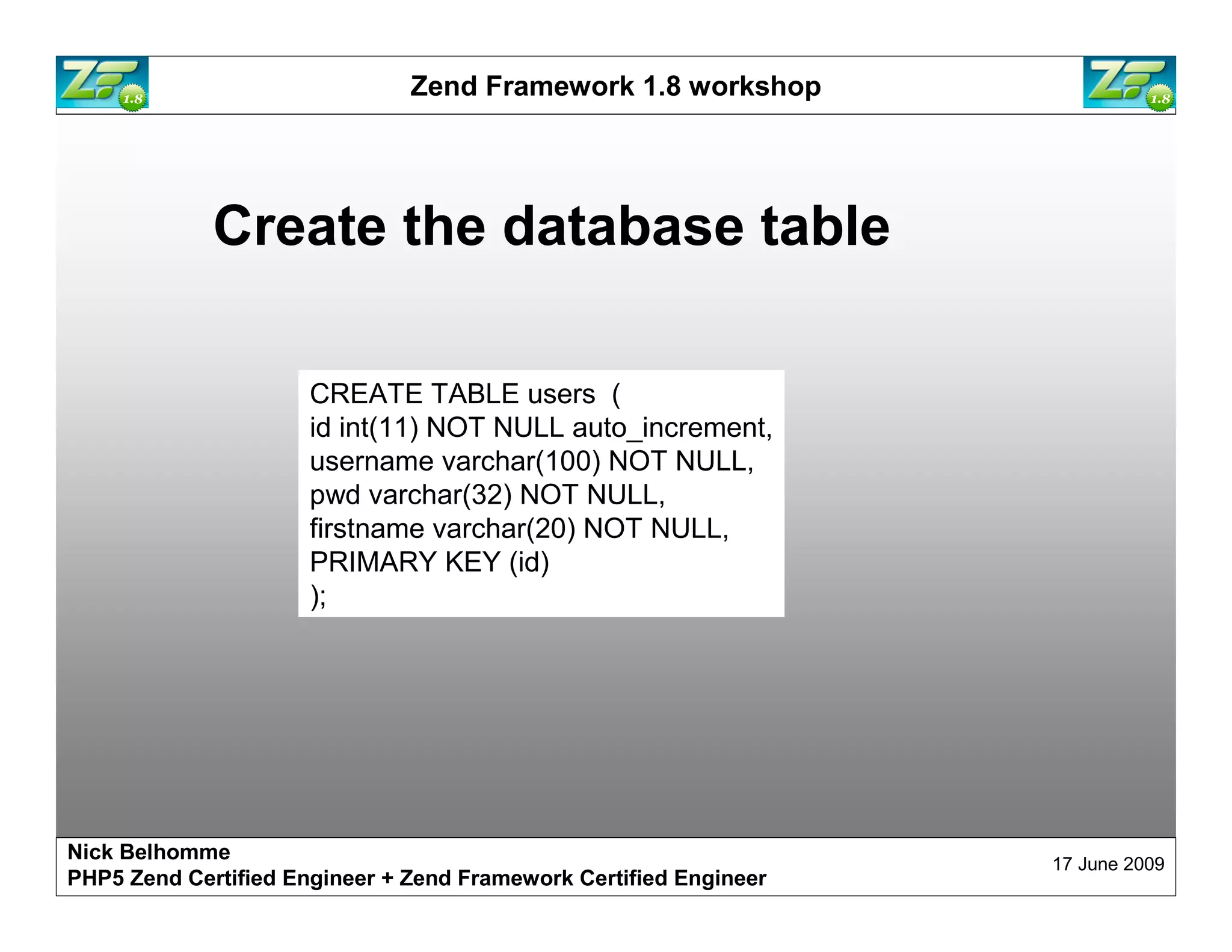 Zend Framework 1.8 workshop Create the database table CREATE TABLE users ( id int(11) NOT NULL auto_increment, username varchar(100) NOT NULL, pwd varchar(32) NOT NULL, firstname varchar(20) NOT NULL, PRIMARY KEY (id) ); Nick Belhomme 17 June 2009 PHP5 Zend Certified Engineer 