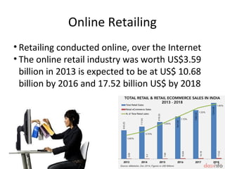 Online Retailing
• Retailing conducted online, over the Internet
• The online retail industry was worth US$3.59
billion in...