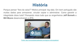 História
Porque pensar “fora da caixa”? Motivo principal: big data. Em bom português são
muitos dados para armazenar, circular copiar e administrar. Como garantir a
integridade disso tudo? Pensando nisso tudo que os engenheiros Jeff Bonwik e
Bill Moore desenvolveram o ZFS.
Fonte: http://connectedsocialmedia.com/tag/sun-microsystems/
 
