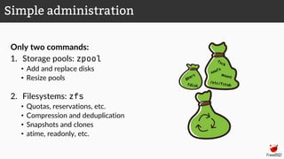 Only two commands:
1. Storage pools: zpool
• Add and replace disks
• Resize pools
2. Filesystems: zfs
• Quotas, reservations, etc.
• Compression and deduplication
• Snapshots and clones
• atime, readonly, etc.
Simple administration
 