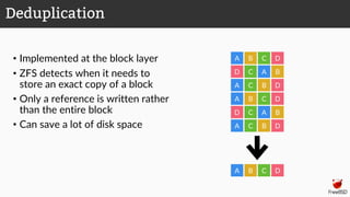 • Implemented at the block layer
• ZFS detects when it needs to
store an exact copy of a block
• Only a reference is written rather
than the entire block
• Can save a lot of disk space
BA C D
D A B
A
A
A
D
D
D
D
C
C
C
C
C
B
B
B
B
A
BA C D
Deduplication
 