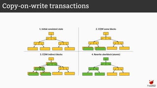 4. Rewrite uberblock (atomic)3. COW indirect blocks
2. COW some blocks1. Ini>al consistent state
Copy-on-write transactions
 