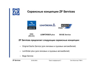 Сервисные концепции ZF Services




        ZF Services предлагает следующие сервисные концепции:

          – Original Sachs Service (для легковых и грузовых автомобилей)

          – Lemförder plus (для легковых и грузовых автомобилей)

          – Boge Service

ZF Services           28.08.2008 г.       Пресс-конференция/ 5     Олег Молотков/ TMW-1
 