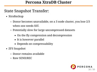 Percona XtraDB Cluster
State Snapshot Transfer:
XtraBackup
Donor becomes unavailable, on a 3 node cluster, you lose 2/3
when one needs SST.
Potentially slow for large uncompressed datasets
On the fly compression and decompression
It is however parallel
Depends on compressability
ZFS Snapshot
Donor remains available
Raw SEND/REC
30 / 50
 
