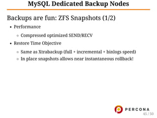 MySQL Dedicated Backup Nodes
Backups are fun: ZFS Snapshots (1/2)
Performance
Compressed optimized SEND/RECV
Restore Time Objective
Same as Xtrabackup (full + incremental + binlogs speed)
In place snapshots allows near instantaneous rollback!
45 / 50
 