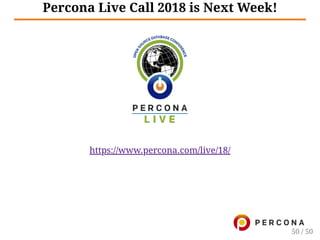 Percona Live Call 2018 is Next Week!
https://www.percona.com/live/18/
50 / 50
 