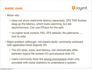 iostat

•

Block-device level (almost disk-level) I/O statistics:
$ iostat -xnz 1
[...]
r/s
0.0
1.0

w/s
11.0
381.0

r/s
0.0
1.0

w/s
9.0
154.9

r/s
0.0
6.0

w/s
8.0
0.0

extended device statistics
kr/s
kw/s wait actv wsvc_t asvc_t %w %b device
0.0
52.0 0.0 0.0
0.0
1.0
0
1 c0t0d0
16.0 43325.5 0.0 4.0
0.0
10.4
1 12 c0t1d0
extended device statistics
kr/s
kw/s wait actv wsvc_t asvc_t %w %b device
0.0
34.0 0.0 0.0
0.0
0.1
0
0 c0t0d0
16.0 1440.5 0.0 2.0
0.0
12.6
0 10 c0t1d0
extended device statistics
kr/s
kw/s wait actv wsvc_t asvc_t %w %b device
0.0
36.0 0.0 0.0
0.0
0.0
0
0 c0t0d0
96.0
0.0 0.0 0.0
0.0
7.9
0
4 c0t1d0

ZFS-Disk Workload

Disk Resulting Performance

 