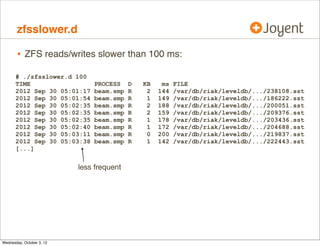vfsstat, cont.

•
•

Good high-level summary of logical I/O: application FS workload
Summarizes by zone

•
•
•

Impetus was observability for cloud “noisy neighbors”
Shows aﬀect of ZFS I/O throttling (performance isolation)

Summarizes performance applications actually experience!

•
•

Usually a lot better than disk-level, due to ZFS caching (ARC,
L2ARC) and buﬀering

Required kernel changes, new kstats (thanks Bill Pijewski)

 