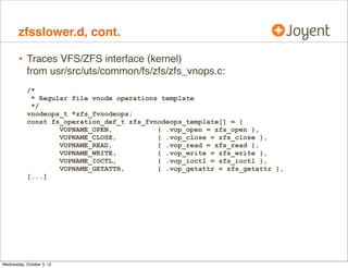 zfsslower.d, cont.

•

All ZFS read/writes:

# ./zfsslower.d
TIME
2012 Sep 30 04:46:09
2012 Sep 30 04:46:09
2012 Sep 30 04:46:09
2012 Sep 30 04:46:09
2012 Sep 30 04:46:09
2012 Sep 30 04:46:09
2012 Sep 30 04:46:09
2012 Sep 30 04:46:09
2012 Sep 30 04:46:09
2012 Sep 30 04:46:09
2012 Sep 30 04:46:09
2012 Sep 30 04:46:09
2012 Sep 30 04:46:09
2012 Sep 30 04:46:09
2012 Sep 30 04:46:09
2012 Sep 30 04:46:09
2012 Sep 30 04:46:09
2012 Sep 30 04:46:09
[...]

PROCESS
beam.smp
beam.smp
beam.smp
beam.smp
beam.smp
nginx
beam.smp
beam.smp
beam.smp
beam.smp
beam.smp
beam.smp
beam.smp
beam.smp
beam.smp
beam.smp
beam.smp
beam.smp

D
R
R
R
R
R
W
R
R
R
R
R
R
R
R
R
R
R
R

KB
2
2
2
1
3
0
4
2
0
56
0
2
5
2
3
0
41
0

ms
0
0
0
0
0
0
0
1
0
0
0
0
0
0
0
0
0
0

FILE
/var/db/riak/leveldb/.../221844.sst
/var/db/riak/leveldb/.../221155.sst
/var/db/riak/leveldb/.../215917.sst
/var/db/riak/leveldb/.../190134.sst
/var/db/riak/leveldb/.../234539.sst
/db/log/apps/prod17_nginx_access.log
/var/db/riak/leveldb/.../205368.sst
/var/db/riak/leveldb/.../199665.sst
/var/db/riak/leveldb/.../177866.sst
/var/db/riak/leveldb/.../177866.sst
/var/db/riak/leveldb/.../177866.sst
/var/db/riak/leveldb/.../177866.sst
/var/db/riak/leveldb/.../218473.sst
/var/db/riak/leveldb/.../210712.sst
/var/db/riak/leveldb/.../234194.sst
/var/db/riak/leveldb/.../233302.sst
/var/db/riak/leveldb/.../233302.sst
/var/db/riak/leveldb/.../233302.sst

 
