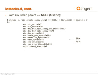 iostacks.d, cont.

•

Stack recognition chart:
# dtrace -n 'io:::start { @[stack()] = count(); }'
dtrace: description 'io:::start ' matched 6 probes
^C
genunix`ldi_strategy+0x53
zfs`vdev_disk_io_start+0xcc
zfs`zio_vdev_io_start+0xab
zfs`zio_execute+0x88
zfs`zio_nowait+0x21
zfs`vdev_mirror_io_start+0xcd
zfs`zio_vdev_io_start+0x250
zfs`zio_execute+0x88
zfs`zio_nowait+0x21
zfs`arc_read_nolock+0x4f9
zfs`arc_read+0x96
zfs`dsl_read+0x44
zfs`dbuf_read_impl+0x166
zfs`dbuf_read+0xab
zfs`dmu_buf_hold_array_by_dnode+0x189
zfs`dmu_buf_hold_array+0x78
zfs`dmu_read_uio+0x5c
zfs`zfs_read+0x1a3
genunix`fop_read+0x8b
genunix`read+0x2a7
143

syscall
read()
arc-miss

 