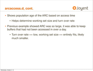 arcaccess.d

•

ARC population age:

# ./arcaccess.d -n 'tick-10s { exit(0); }'
lbolt rate is 100 Hertz.
Tracing lbolts between ARC accesses...
value
-1
0
1
2
4
8
16
32
64
128
256
512
1024
2048
4096
8192
16384
32768
65536
131072
262144
524288
1048576
2097152
4194304
8388608
16777216
33554432

------------- Distribution ------------- count
|
0
|@@@@@@@@@@@@@@@@@@@@@@@@@@@@@@@@@@@@@@@ 729988
|
3805
|
3038
|
2028
|
1428
|
1398
|
1618
|
2883
|
738
|
681
|
338
|
569
|
166
|
607
|
632
|
808
|
373
|
110
|
142
|
39
|
5
|
97
|
10
|
44
|
617
|
1
|
0

Age:
10 ms

1 second

1 minute

1 hour
1 day

 