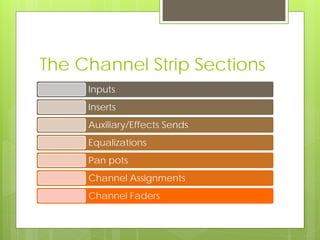 The Channel Strip Sections
Inputs
Inserts
Auxiliary/Effects Sends
Equalizations
Pan pots
Channel Assignments
Channel Faders
 