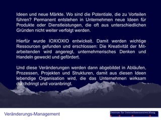 Ideen und neue Märkte. Wo sind die Potentiale, die zu Vorteilen
     führen? Permanent entstehen in Unternehmen neue Ideen für
     Produkte oder Dienstleistungen, die oft aus unterschiedlichen
     Gründen nicht weiter verfolgt werden.

     Hierfür wurde IOXIOXIO entwickelt. Damit werden wichtige
     Ressourcen gefunden und erschlossen: Die Kreativität der Mit-
     arbeitenden wird angeregt, unternehmerisches Denken und
     Handeln geweckt und gefördert.

     Und diese Veränderungen werden dann abgebildet in Abläufen,
     Prozessen, Projekten und Strukturen, damit aus diesen Ideen
     lebendige Organisation wird, die das Unternehmen wirksam
     durchdringt und voranbringt.




                                                  Zentrum für Unternehmensentwicklung
Veränderungs-Management
 