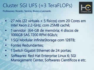 Cluster SGI UFS (≈3 TeraFLOPs)
Professores: Ricardo, Tarcicio, Bruno e Leonardo
 27 nós (22 virtuais + 5 físicos) com 20 Cores em
Intel Xeon 2.2-GHz, com 25MB cachê;
 1 servidor (64-GB de memória; 4 discos de
1000GB SAS 7200 RPM 6Gb/s;
 1 SGI Modular InfiniteStorage com 128TB;
 Fontes Redundantes;
 1 Switch Gigabit Ethernet de 24 portas;
 Softwares: Red Hat Enterprise Linux 6; SGI
Management Center, Softwares Científicos e etc.
 