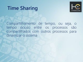 Time Sharing
Compartilhamento de tempo, ou seja, o
tempo ocioso entre os processos são
compartilhados com outros processos para
dinamizar o sistema
 