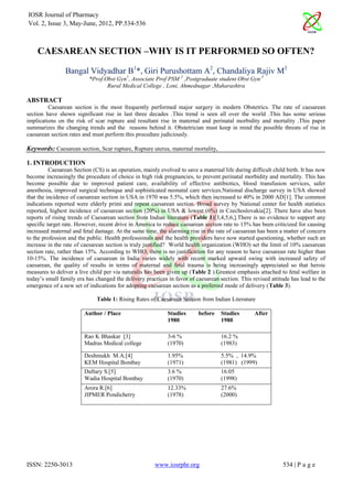IOSR Journal of Pharmacy
Vol. 2, Issue 3, May-June, 2012, PP.534-536



    CAESAREAN SECTION –WHY IS IT PERFORMED SO OFTEN?

                Bangal Vidyadhar B1*, Giri Purushottam A2, Chandaliya Rajiv M3
                          *Prof.Obst Gyn1, Associate Prof PSM 2 ,Postgraduate student Obst Gyn 3
                                 Rural Medical College , Loni, Ahmednagar ,Maharashtra

ABSTRACT
         Caesarean section is the most frequently performed major surgery in modern Obstetrics. The rate of caesarean
section have shown significant rise in last three decades .This trend is seen all over the world .This has some serious
implications on the risk of scar rupture and resultant rise in maternal and perinatal morbidity and mortality .This paper
summarizes the changing trends and the reasons behind it. Obstetrician must keep in mind the possible threats of rise in
caesarean section rates and must perform this procedure judiciously.

Keywords: Caesarean section, Scar rupture, Rupture uterus, maternal mortality,

1. INTRODUCTION
          Caesarean Section (CS) is an operation, mainly evolved to save a maternal life during difficult child birth. It has now
become increasingly the procedure of choice in high risk pregnancies, to prevent perinatal morbidity and mortality. This has
become possible due to improved patient care, availability of effective antibiotics, blood transfusion services, safer
anesthesia, improved surgical technique and sophisticated neonatal care services.National discharge survey in USA showed
that the incidence of caesarean section in USA in 1970 was 5.5%, which then increased to 40% in 2000 AD[1]. The common
indications reported were elderly primi and repeat caesarean section. Broad survey by National center for health statistics
reported, highest incidence of caesarean section (20%) in USA & lowest (6%) in Czechoslovakia[2]. There have also been
reports of rising trends of Caesarean section from Indian literature (Table 1)[3,4,5,6,].There is no evidence to support any
specific target rate. However, recent drive in America to reduce caesarean section rate to 15% has been criticized for causing
increased maternal and fetal damage. At the same time, the alarming rise in the rate of caesarean has been a matter of concern
to the profession and the public. Health professionals and the health providers have now started questioning, whether such an
increase in the rate of caesarean section is truly justified? World health organization (WHO) set the limit of 10% caesarean
section rate, rather than 15%. According to WHO, there is no justification for any reason to have caesarean rate higher than
10-15%. The incidence of caesarean in India varies widely with recent marked upward swing with increased safety of
caesarean, the quality of results in terms of maternal and fetal trauma is being increasingly appreciated so that heroic
measures to deliver a live child per via naturalis has been given up (Table 2 ).Greatest emphasis attached to fetal welfare in
today‟s small family era has changed the delivery practices in favor of caesarean section. This revised attitude has lead to the
emergence of a new set of indications for adopting caesarean section as a preferred mode of delivery (Table 3).

                              Table 1: Rising Rates of Caesarean Section from Indian Literature

                        Author / Place                      Studies       before   Studies        After
                                                            1980                   1980

                        Rao K Bhaskar [3]                   3-6 %                  16.2 %
                        Madras Medical college              (1970)                 (1983)

                        Deshmukh M.A.[4]                    1.95%                  5.5% , 14.9%
                        KEM Hospital Bombay                 (1971)                 (1981) (1999)
                        Daftary S.[5]                       3.6 %                  16.05
                        Wadia Hospital Bombay               (1970)                 (1998)
                        Arora R.[6]                         12.33%                 27.6%
                        JIPMER Pondicherry                  (1978)                 (2000)




ISSN: 2250-3013                                        www.iosrphr.org                                        534 | P a g e
 