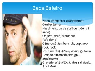 Zeca Baleiro
Nome completo: José Ribamar
Coelho Santos
Nascimento :11 de abril de 1966 (48
anos)
Origem: Arari, Maranhão
País :Brasil
Gênero(s): Samba, mpb, pop, pop
rock, rock
Instrumento(s): Voz, violão, guitarra
Período em atividade: 1997 -
atualmente
Gravadora(s) :MZA, Universal Music,
Abril Music
 