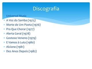  Universal Music
 A Voz do Samba (1975)
 Morte de Um Poeta (1976)
 Pra Que Chorar (1977)
 Alerta Geral (1978)
 Gostoso Veneno (1979)
 E Vamos à Luta (1980)
 Alcione (1981)
 Dez Anos Depois (1982)
Discografia
 