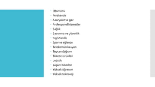  Otomotiv
 Perakende
 Akaryakıt ve gaz
 Profesyonel hizmetler
 Sağlık
 Savunma ve güvenlik
 Sigortacılık
 Spor ve eğlence
 Telekomünikasyon
 Toptan dağıtım
 Tüketici ürünleri
 Lojistik
 Yaşam bilimleri
 Yüksek öğrenim
 Yüksek teknoloji
 