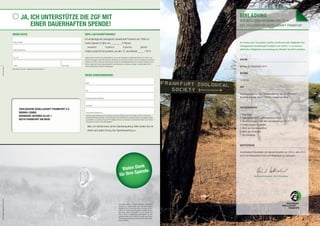 EINLADUNG
ZUR MITGLIEDERVERSAMMLUNG 2014
DER ZOOLOGISCHEN GESELLSCHAFT FRANKFURT
DATUM
Montag, 22. September 2014
BEGINN
16:00 Uhr
ORT
Ausstellungssaal im Zoo-Gesellschaftshaus des Zoos Frankfurt
Bernhard-Grzimek-Allee 1, 60316 Frankfurt am Main
TAGESORDNUNG
1. Begrüßung
2. Geschäftsbericht & Jahresabschluss 2013
3. Beschlussfassung über den Jahresabschluss 2013
4. Entlastung des Vorstandes
5. Wahl des Abschlussprüfers
6. Wahl des Vorstandes
7. Verschiedenes
KAFFEEPAUSE
Anschließend Präsentation der Naturschutzarbeit der ZGF im Jahre 2013
durch die Referatsleiter/innen und Möglichkeit zur Diskussion.
Gerhard Kittscher, ZGF-Präsident
Im Namen des Vorstandes möchte ich hiermit alle Mitglieder der
Zoologischen Gesellschaft Frankfurt von 1858 e. V. zu unserer
jährlichen Mitgliederversammlung im Oktober herzlich einladen.
35II ZGF GORILLA | AUSGABE 4/2013 ZGF GORILLA | AUSGABE 4/2013 31
ZGF DIALOG
MEINE DATEN
MEINE BANKVERBINDUNG
Name, Vorname*
IBAN*
Straße, Hausnummer*
BIC*
PLZ, Ort*
Kontoinhaber (falls abweichend)
E-Mail Geburtstag
ZOOLOGISCHE GESELLSCHAFT FRANKFURT E.V.
MONIKA LENNIG
BERNHARD-GRZIMEK-ALLEE 1
60316 FRANKFURT AM MAIN
bittehierfalzen
SEPA-LASTSCHRIFTMANDAT
Ich ermächtige die Zoologische Gesellschaft Frankfurt von 1858 e.V.
meine Spende in Höhe von €/Monat
monatlich ¼ jährlich ½ jährlich jährlich
mittels Lastschrift einzuziehen, ab dem 15. des Monats / 2014
Nein, ich möchte keine Jahres-Spendenquittung. Bitte senden Sie mir
direkt nach jedem Einzug eine Spendenquittung zu.
Diese Einzugsermächtigung kann ich jederzeit und ohne Einhaltung einer Frist kündigen. Sofern Ihr Konto keine
ausreichende Deckung aufweist, ist das Geldinstitut nicht verpﬂichtet, den Betrag einzulösen. Alle Angaben werden
ausschließlich im Zusammenhang mit Ihrer Mitgliedschaft bei der Zoologischen Gesellschaft Frankfurt von 1858 e.V.
verwendet und nicht an Dritte weitergegeben.
Ort, Datum*
Unterschrift Kontoinhaber/in*
Zugleich weise ich hiermit mein Kreditinstitut an, die von der Zoologischen Gesellschaft Frankfurt von 1858 e.V. auf
mein Konto gezogene Lastschrift einzulösen. Spätestens einen Tag vorher informiert mich die Zoologische Gesellschaft
Frankfurt von 1858 e.V. über den ersten Einzug und teilt mir meine Mandatsreferenz mit. Ich kann innerhalb von acht
Wochen, beginnend mit dem Belastungsdatum, die Erstattung der Zuwendung verlangen. Es gelten dabei die mit
meinem Kreditinstitut vereinbarten Bedingungen.
Bitte füllen Sie alle mit * gekennzeichneten Felder aus.
JA, ICH UNTERSTÜTZE DIE ZGF MIT
EINER DAUERHAFTEN SPENDE!
Vielen Dank
für Ihre Spende.
Ihre Daten werden in unserer Datenbank gespeichert,
wenn Sie z.B. Spenden leisten oder Informationsmaterial
anfordern. Dies ist notwendig, damit wir Kontakt zu Ihnen
halten und Zuwendungsbestätigungen ausstellen können.
Ihre Daten werden ausschließlich von uns genutzt und
nicht an Dritte zu Werbezwecken weitergegeben. Wir sind
gesetzlich verpﬂichtet, Sie darauf hinzuweisen, dass Sie der
Speicherung, Verarbeitung und Nutzung Ihrer Daten wider-
sprechen können.
Foto:Okapia/imagebroker/BirgitKoch
35
 