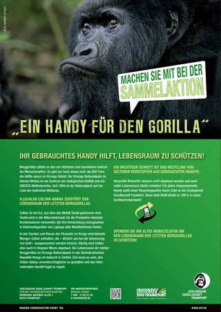 FOTO:NORBERTGUTHIER
Berggorillas zählen zu den am stärksten vom Aussterben bedroh-
ten Menschenaffen. Es gibt nur noch etwas mehr als 800 Tiere,
die Hälfte davon im Virunga Gebiet. Der Virunga Nationalpark im
Herzen Afrikas ist ein Zentrum der biologischen Vielfalt und ein
UNESCO Weltnaturerbe. Seit 1994 ist der Nationalpark auf der
Liste der bedrohten Welterbe.
ILLEGALER COLTAN-ABBAU ZERSTÖRT DEN
LEBENSRAUM DER LETZTEN BERGGORILLAS
Coltan ist ein Erz, aus dem das Metall Tantal gewonnen wird.
Tantal wird in der Mikroelektronik für die Produktion kleinster
Kondensatoren verwendet, die ihre Verwendung vorzugsweise
in Elektronikgeräten wie Laptops oder Mobiltelefonen ﬁnden.
In den Sanden und Kiesen der Flussufer im Kongo sind kleinste
Mengen Coltan enthalten, die – ähnlich wie bei der Gewinnung
von Gold – ausgewaschen werden können. Häuﬁg wird Coltan
aber auch in illegalen Minen abgebaut. Der Lebensraum der letzten
Berggorillas im Virunga Nationalpark in der Demokratischen
Republik Kongo ist dadurch in Gefahr. Ziel muss es sein, den
Coltan-Abbau umweltverträglicher zu gestalten und den inter-
nationalen Handel legal zu regeln.
EIN WICHTIGER SCHRITT IST DAS RECYCLING VON
SELTENEN ROHSTOFFEN AUS GEBRAUCHTEN HANDYS.
Recycelte Rohstoffe müssen nicht abgebaut werden und wert-
voller Lebensraum bleibt erhalten! Für jedes eingesammelte
Handy zahlt unser Recyclingpartner bares Geld an die Zoologische
Gesellschaft Frankfurt. Diese Geld ﬂießt direkt zu 100% in unser
Gorillaschutzprojekt!
SPENDEN SIE IHR ALTES MOBILTELEFON UM
DEN LEBENSRAUM DER LETZTEN BERGGORILLAS
ZU SCHÜTZEN!
ZOOLOGISCHE GESELLSCHAFT FRANKFURT
PROJEKT NATURSCHUTZBOTSCHAFTER
BERNHARD-GRZIMEK-ALLEE 1
60316 FRANKFURT
IHR ANSPRECHPARTNER:
MICHAEL KAUER
T: 069 - 13 82 51 28
E: KAUER@ZGF.DE
WWW.ZGF.DE
IHR GEBRAUCHTES HANDY HILFT, LEBENSRAUM ZU SCHÜTZEN!
„EIN HANDY FÜR DEN GORILLA“
Mitgliederversammlung
Einladung zur ZGF Mitglieder-
versammlung 2014
Aus den Projekten:
Staatsmänner, Rinder und
ein falscher Grzimek
MITGLIEDERMAGAZIN DER
ZOOLOGISCHEN GESELLSCHAFT FRANKFURT VON 1858 E. V.
ISSN 2199-0905
GORILLA
No
02
2014
Wir über uns – die Menschen hinter dem
Naturschutzprogramm der ZGF
DIE ZOOLOGISCHE
GESELLSCHAFT FRANKFURT
 