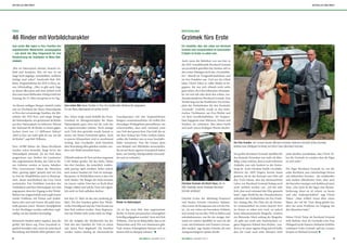 DEUTSCHLAND
Grzimek fürs Erste
Ein Zweiteiler über das Leben von Bernhard
Grzimek wird voraussichtlich im kommenden
Frühjahr im Ersten zu sehen sein.
Auch wenn die Mehrheit von uns hier in
der ZGF-Geschäftsstelle Bernhard Grzimek
nie persönlich getroffen hat, breitete sich in
den ersten Maitagen doch das „Grzimekfie-
ber“ überall im Zoogesellschaftshaus und
im Zoo Frankfurt aus. Und wer das Glück
hatte, Ulrich Tukur in voller Maske zu be-
gegnen, der war sich oftmals nicht mehr
ganz sicher, ob er den bekannten Schauspie-
ler vor sich sah oder doch den echten, wie-
derauferstandenen Bernhard Grzimek. Eine
Woche lang war der Frankfurter Zoo Schau-
platz der Dreharbeiten für den Zweiteiler
„Grzimek“. Gedreht wurde in den histo-
rischen Tierhäusern, am Zoo-Weiher und
vor dem Gesellschaftshaus. Im Treppen-
haus begegnete man Männern, Frauen und
Kindern im schönsten 50er-Jahre-Outfit
und auch unsere Kollegen Florian Becker-
Gitschel (Leiter der Abteilung Finanzen)
und Sandra Schmitt (Assistenz Südame-
rika) waren als Komparsen mit von der Par-
tie. „Es war schon ein besonderes Erlebnis,
sich einmal wie im Jahr 1956 zu fühlen und
mitzubekommen, was für ein riesiger Auf-
wand ein solcher Spielfilm ist und wie die
Leute mit Kostümen und Frisuren verwan-
delt werden“, sagt Sandra Schmitt, die eine
Autogrammjägerin spielen durfte.
Ein großer Bernhard-Grzimek-Spielfilm für
das deutsche Fernsehen war mehr als über-
fällig. Umso schöner, dass er nach mehreren
Anläufen nun sehr konkret in der Entste-
hung ist. Auch Christine Strobl, Geschäfts-
führerin der ARD Degeto, konnte kaum
glauben, als sie das Konzept zum Film auf
den Tisch bekam, dass das abenteuerliche
Leben von Bernhard Grzimek bislang noch
nicht verfilmt worden war. „Ich bin sehr
froh, dass noch niemand den Film gemacht
hatte“, sagte Strobl bei der Pressekonferenz
anlässlich der Dreharbeiten im Zoo Frank-
furt Anfang Mai. Der Film, der als Zweitei-
ler voraussichtlich im ersten Quartal 2015
im Ersten zu sehen sein wird, sei jedoch
keine dokumentarische Biografie, sondern
ein fiktionales Stück entlang der Biografie.
„Es geht uns nicht ums Nachmachen“, er-
gänzt Regisseur Roland Suso Richter, „son-
dern es ist unser eigenes Ding und ich hoffe,
dass die Leute nach zehn Minuten nicht
mehr darüber nachdenken, dass Ulrich Tu-
kur der Grzimek ist, sondern dass die Figur
an sich wirkt.“
Die Figur Bernhard Grzimek ist, wie der
echte Bernhard, eine vielschichtige Person
mit zahlreichen Facetten – der strahlenden
und starken öffentlichen Seite, aber auch
der bisweilen traurigen und dunklen privaten
Seite. „Für mich ist die Figur eine Heraus-
forderung, denn sie ist schwer zu fassen
und sehr widersprüchlich“, sagt Ulrich
Tukur. „Man erfährt etwas über einen
Mann, der viel für Tiere übrig gehabt hat,
aber der seine Probleme im Umgang mit
den Menschen hatte.“
Neben Ulrich Tukur als Bernhard Grzimek
steht Barbara Auer als Grzimeks erste Frau
HildegardvorderKamera.KatharinaSchüttler
verkörpert Erika Grzimek und Jan Lennart
Krauter ist Michael Grzimek.
Christian Grzimek mit Ulrich Tukur, der im
ARD-Zweiteiler seinen Großvater Bernhard
Grzimek verkörpert.
Die Film-Familie: Jan Lennart Krauter (Michael Grzimek), Katharina Schüttler (Erika Grzimek),
Barbara Auer (Hildegard Grzimek) und Ulrich Tukur (Bernhard Grzimek).
PERU
46 Rinder mit Vorbildcharakter
Zum ersten Mal haben in Peru Familien ihre
angestammten Weiderechte zurückgegeben
– und damit den Weg freigemacht für eine
Renaturierung der Grasländer im Manu Nati-
onalpark.
„Wer im Naturschutz arbeitet, braucht Ge-
duld und Ausdauer. Was wir tun, ist auf
lange Sicht angelegt, unmittelbare, sichtbare
Erfolge sind selten“, beschreibt Rob Wil-
liams, Programmleiter der ZGF in Peru, sei-
nen Arbeitsalltag. „Aber es gibt auch Tage,
an denen alles passt und man einfach weiß,
dass man einen bleibenden Erfolg erzielt hat.
Sonntag, der 23. März war genau so ein Tag.“
An diesem nebligen Morgen nämlich trafen
sich im Hochland des Manu Nationalparks
in Peru drei ortsansässige Familien, die Mit-
arbeiter der ZGF-Peru und einige Ranger
des Nationalparks, um gemeinsam 46 Rinder
aus dem Nationalpark zu entfernen. Warum
der Aufwand für 46 Rinder in einem gigan-
tischen Areal von 1,7 Millionen Hektar?
„Weil es hier um mehr geht als nur um die
46 Rinder“, sagt Rob Williams.
Etwa 18.000 Hektar des Manu-Hochlands
wurden schon beweidet, lange bevor der
Nationalpark entstand. Als der Park dann
ausgewiesen war, durften die Landnutzer
ihre angestammten Rechte, das Vieh in die-
sen Gebieten weiden zu lassen, behalten.
Über Generationen haben die Menschen
diese „grazing rights“ genutzt und von Zeit
zu Zeit die Weideflächen auch in Brand ge-
setzt, damit anschließend das Gras frisch
nachwächst. Das Verhältnis zwischen den
Viehhaltern und dem Nationalpark war stets
angespannt, denn der Zugang zu den Weide-
flächen war eingeschränkt und es gab immer
wieder Probleme mit Pumas und Anden-
bären, aber auch mit Feuern, die außer Kon-
trolle geraten waren. Kleinere Sumpfgebiete
in den Hochlagen wurden außerdem regel-
mäßig von den Rindern beschädigt.
Botanische Studien haben ergeben, dass der
größte Teil dieser sog. Puna Grasslands ei-
gentlich bewaldet wäre, wenn sie nicht durch
Beweidung und Brände offen gehalten wür-
den. Schon lange stand deshalb das Puna-
Grasland im Managementplan des Manu
Nationalparks ganz oben auf der Liste der
zu regenerierenden Gebiete. Doch solange
noch Vieh dort geweidet wurde, konnte es
immer nur kleine Fortschritte geben. Auch
in puncto Klimaschutz wird es zunehmend
wichtig, dass Grasländer nicht künstlich
über Beweidung offen gehalten werden, son-
dern sich Wald entwickeln kann.
Offiziell weideten 46 Tiere auf dem insgesamt
2.150 Hektar großen Teil des Parks. Neben
den drei Familien, die tatsächlich traditio-
nelle grazing rights besaßen, ließen jedoch
auch weitere Familien ihr Vieh im Schutzge-
biet grasen. In Wirklichkeit waren es also weit
mehr Rinder. Die Ranger des Parks konnten
nie wissen, welche Tiere hier zu Recht ihren
Hunger stillten und welche Tiere sich eigent-
lich nicht im Park aufhalten durften.
Seit dem 23. März ist das nun eindeutig ge-
klärt. Die drei Familien gaben ihre Weide-
rechte freiwillig auf und das Vieh konnte aus
dem Park entfernt werden. Einer Regenera-
tion des Waldes steht nichts mehr im Wege.
Für die Aufgabe der Weiderechte hat der
Park den drei Familien ihr Vieh zu einem
sehr fairen Preis abgekauft. Die Familien
werden zudem künftig als ehrenamtliche
Guardaparques mit den hauptamtlichen
Rangern zusammenarbeiten. Sie wollen ihre
ehemaligen Weidegebiete patrouillieren, um
sicherzustellen, dass auch niemand sonst
sein Vieh dort grasen lässt. Das Geld, das sie
mit dem Verkauf des Viehs verdient haben,
wollen die Familien nun in neue Geschäfts-
felder investieren. Eine der Frauen plant
zum Beispiel, sich Milchkühe anzuschaffen,
die sie auf ihrem eigenen Grundstück halten
kann, um künftig Milchprodukte herzustel-
len und zu verkaufen.
„Es ist das erste Mal, dass angestammte
Rechte in einem peruanischen Schutzgebiet
freiwillig aufgegeben wurden“, freut sich Rob
Williams. „Das ist ein Beleg dafür, dass es im
Naturschutz auch Win-win-Situationen gibt.
Viele weitere Schutzgebiete können sich an
diesem Fall ein Beispiel nehmen.“
Zum ersten Mal haben Familien in Peru ihre traditionellen Weiderechte abgegeben.
Für den Manu Nationalpark ein großer Schritt.
Rinder im Nationalpark.
98 ZGF GORILLA | AUSGABE 2/2014ZGF GORILLA | AUSGABE 2/2014
AKTUELLES WELTWEIT AKTUELLES WELTWEIT
 