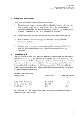 Access Bank Plc
Financial Statements -- 31 March 2006
Together w ith D irectors’ and A uditors’ R eports
9
(d) Recognition of interest income
Credits to the profit and loss account are recognized as follows:
(i) Interest income is recognised on an accrual basis and credited to income only when it has
been irrevocably earned. Interest overdue for more than 90 days is suspended and
recognised on a cash basis only. Lease finance income is amortised over the lease period
to achieve a constant rate of return on the outstanding net investment.
(ii) Credit related income is deferred and amortised over the life of the related credit risk.
(iii) Non-credit related fee income is recognised at the time the service or the related
transactions are effected.
(iv) Gains and losses on investment securities are recorded in income upon the sale of the
securities. Temporary fluctuations in the value of investment securities are not
recognised.
(e) Loans and advances
Loans and advances are stated net of provisions. A specific risk provision for loan impairment is
established to provide for m anagem ent’s estim ate of creditlosses as soon as the recovery of an
exposure is identified as doubtful. This provision is made for each account that is not performing
in accordance with the terms of the related facility. This is in accordance with the Statement of
Accounting Standards for Banks and Non-Bank Financial institutions (SAS 10) issued by the
Nigerian Accounting Standards Board and the Prudential Guidelines issued by the Central Bank
of Nigeria in the manner stated below:
Number of days of outstanding
Principal/interest Classification Required Provision
%
90 days but less than 180 days Substandard 10
180 days but less than 360 days Doubtful 50
Over 360 days Lost 100
A provision of at least 1% is made for all performing accounts to recognize losses in respect of
risks inherent in any credit portfolio.
 