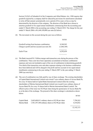Access Bank Plc
Financial Statements -- 31 March 2006
Together w ith D irectors’ and A uditors’ R eports
29
Section 21(2)(3) of Schedule II of the Companies and Allied Matters Act, 1990 requires that
goodwill acquired by a company shall be reduced by provisions for amortization calculated
to write off that amount systematically over a period of five years or less as may be
determined by the directors of the company. The directors of the Bank have chosen to
amortise goodwill in five equal annual installments commencing from the accounting year
ended 31 March 2006 to the accounting year ending 31 March 2010. The charge for the year
ended 31 March 2006 is N1,648,109,000 (see note (b) below).
(b) The movement on this account during the year was as follows:
N’000
Goodwill arising from business combination 8,240,543
Charge to profit and loss account (see note 28) (1,648,109)
End of Year 6,592,434
(c) The Bank incurred N1.3 billion merger and transaction costs during the process of the
combination. These costs have been separately accumulated as business combination
expenses and were not included as part of the cost of combination in determining goodwill.
Two third of the transaction costs and other expenses relating to the business combination
have been deferred and will be charged to the profit and loss account in two equal annual
installments commencing in the year ending 31 March 2007 to the year ending 31 March
2008 (see note 6(c)).
(d) The cost of combination was fully paid by way of share exchange. The existing shareholders
of Capital Bank International Limited were issued 7 new ordinary shares of Access Bank Plc
for every 10 shares held in Capital Bank International Limited while the existing
shareholders of Marina International Bank Limited were issued 6 new ordinary shares of
Access Bank Plc for every 10 shares held in Marina International Bank Limited. The
effective price of the issue was N2.90 per share being the quoted price of Access Bank Plc
as at the date of the exchange. The proceed of the share exchange is calculated as shown
below:
N’000
Capital Bank 2,685,608,011 ordinary shares at N2.90 per share 7,788,263
Marina Bank 1,501,397,300 ordinary shares at N2.90 per share 4,354,052
12,142,315
 