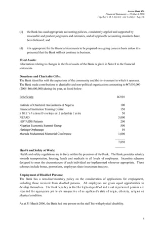 Access Bank Plc
Financial Statements -- 31 March 2006
Together w ith D irectors’ and A uditors’ R eports
4
(c) the Bank has used appropriate accounting policies, consistently applied and supported by
reasonable and prudent judgments and estimates, and all applicable accounting standards have
been followed; and
(d) it is appropriate for the financial statements to be prepared on a going concern basis unless it is
presumed that the Bank will not continue in business.
Fixed Assets:
Information relating to changes in the fixed assets of the Bank is given in Note 8 to the financial
statements.
Donations and Charitable Gifts:
The Bank identifies with the aspirations of the community and the environment in which it operates.
The Bank made contributions to charitable and non-political organizations amounting to N7,050,000
(2005: N6,600,000) during the year, as listed below:
Beneficiary N’000
Institute of Chartered Accountants of Nigeria 100
Financial Institution Training Centre 150
A IS E C ’s N ationalD evelopm entL eadership C entre 50
NEPAD 5,000
HIV/AIDS Patients 200
Nigerian Economic Summit Group 500
Heritage Orphanage 50
Murtala Muhammed Memorial Conference 1,000
7,050
Health and Safety at Work:
Health and safety regulations are in force within the premises of the Bank. The Bank provides subsidy
towards transportation, housing, lunch and medicals to all levels of employees. Incentive schemes
designed to meet the circumstances of each individual are implemented whenever appropriate. These
schemes include bonus, promotions, employees share investment trust etc.
Employment of Disabled Persons:
The Bank has a non-discriminatory policy on the consideration of applications for employment,
including those received from disabled persons. All employees are given equal opportunities to
develop themselves. T he B ank’s policy is that the highest qualified and m ost experienced persons are
recruited for appropriate job levels irrespective of an applicant’s state of origin, ethnicity, religion or
physical condition.
As at 31 March 2006, the Bank had one person on the staff list with physical disability.
 