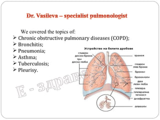 We covered the topics of:
 Chronic obstructive pulmonary diseases (COPD);
 Bronchitis;
 Pneumonia;
 Asthma;
 Tuberculosis;
 Pleurisy.

 