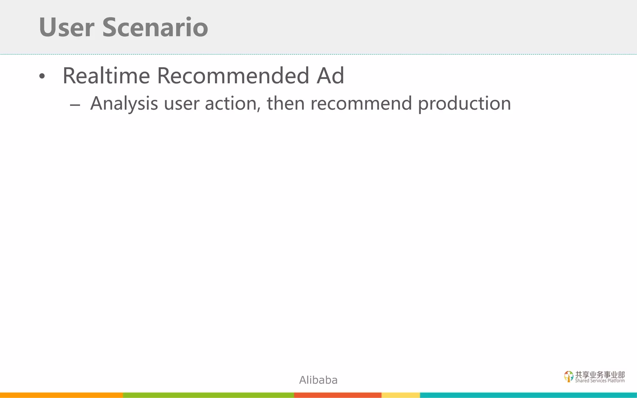 • Realtime Recommended Ad
– Analysis user action, then recommend production
User Scenario
Alibaba
 