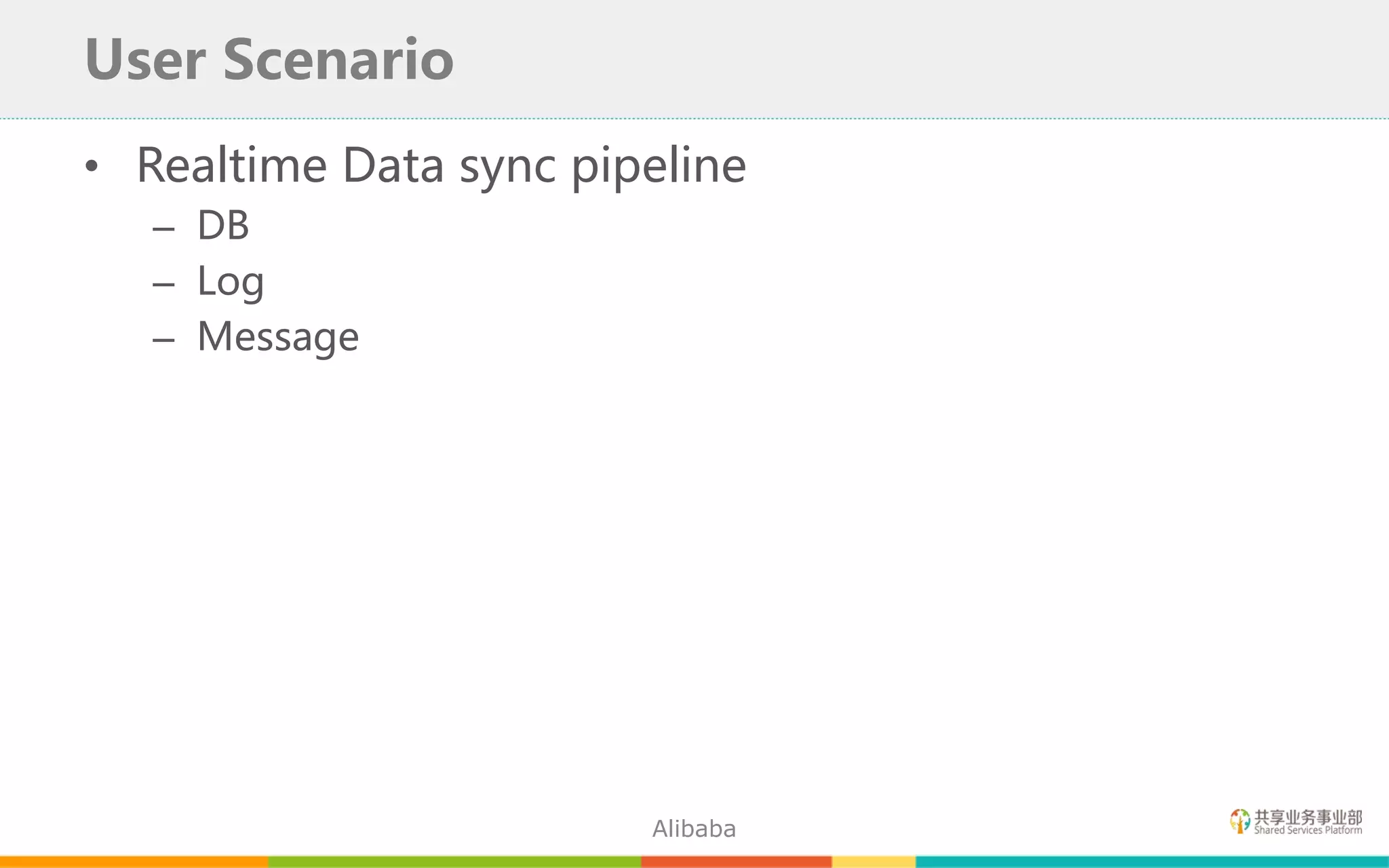• Realtime Data sync pipeline
– DB
– Log
– Message
User Scenario
Alibaba
 