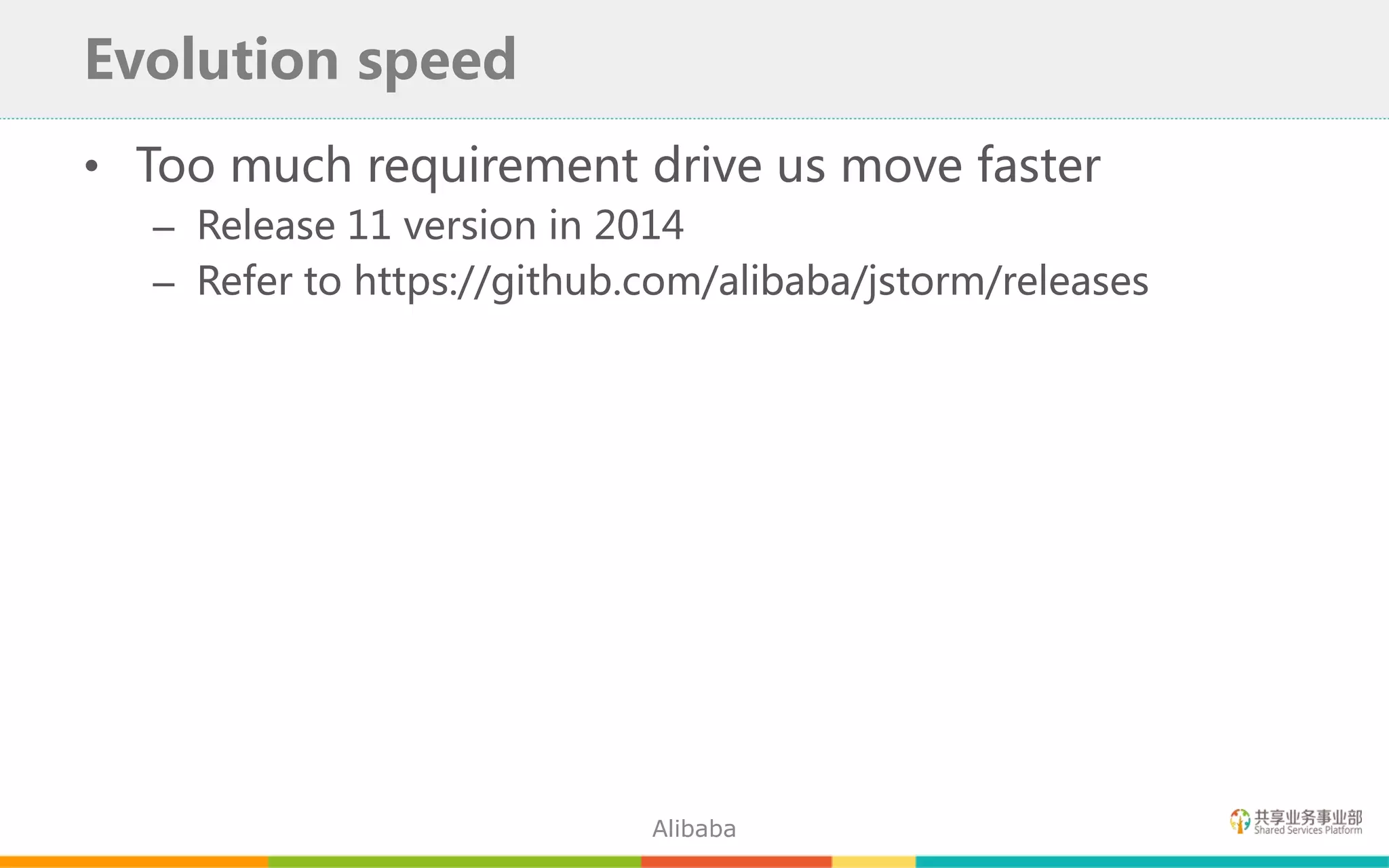 • Too much requirement drive us move faster
– Release 11 version in 2014
– Refer to https://github.com/alibaba/jstorm/releases
Evolution speed
Alibaba
 