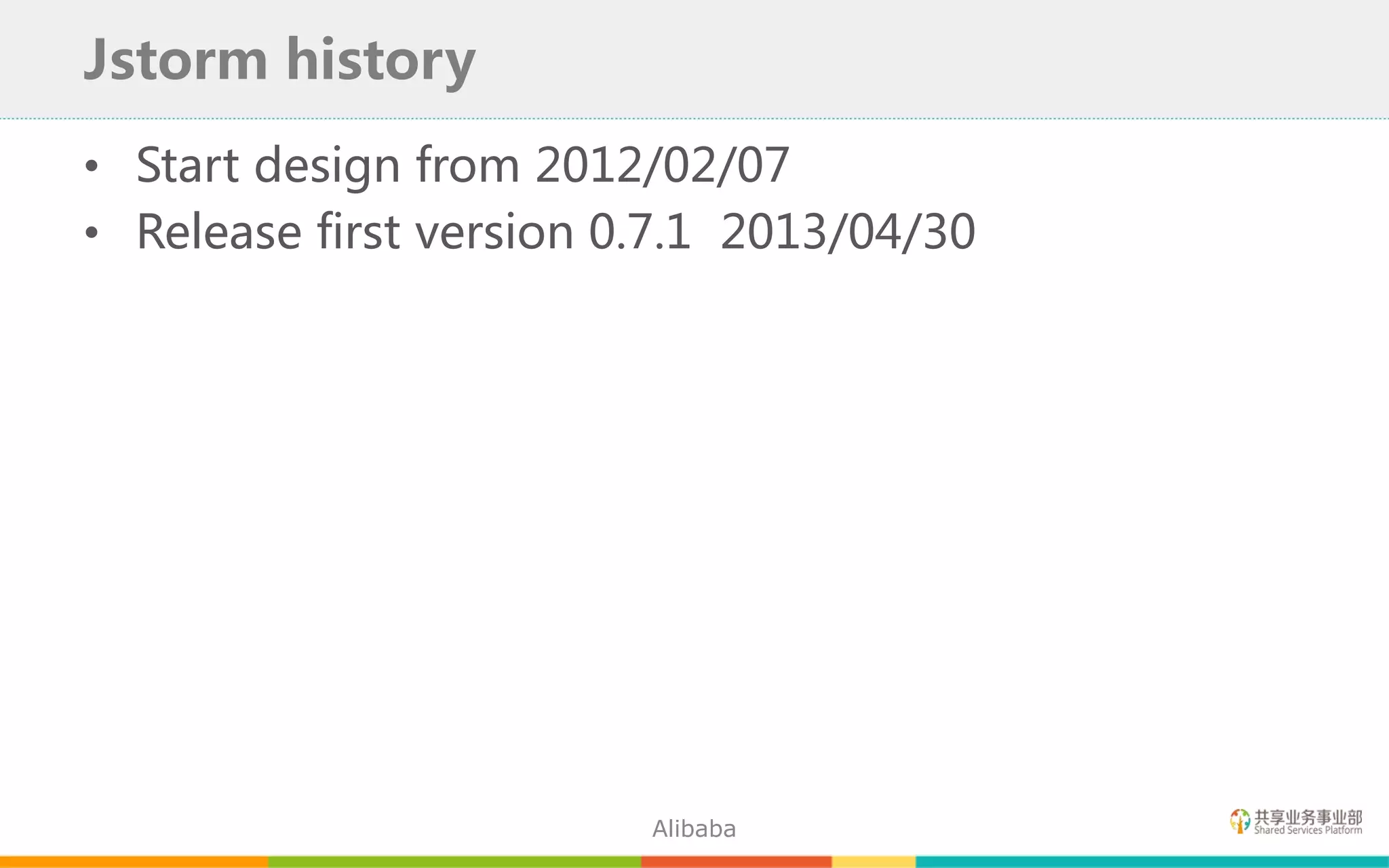 • Start design from 2012/02/07
• Release first version 0.7.1 2013/04/30
Jstorm history
Alibaba
 
