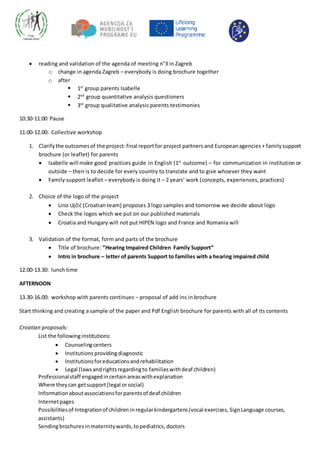  reading and validation of the agenda of meeting n°3 in Zagreb
o change in agenda Zagreb – everybody is doing brochure together
o after
 1st
group parents Isabelle
 2nd
group quantitative analysis questioners
 3rd
group qualitative analysis parents testimonies
10:30-11:00 Pause
11.00-12.00: Collective workshop
1. Clarifythe outcomesof the project:final reportfor project partners and Europeanagencies + familysupport
brochure (or leaflet) for parents
 Isabelle will make good practices guide in English (1st
outcome) – for communication in institution or
outside – then is to decide for every country to translate and to give whoever they want
 Family support leaflet – everybody is doing it – 2 years’ work (concepts, experiences, practices)
2. Choice of the logo of the project
 Lino Ujčić (Croatian team) proposes 3 logo samples and tomorrow we decide about logo
 Check the logos which we put on our published materials
 Croatia and Hungary will not put HIPEN logo and France and Romania will
3. Validation of the format, form and parts of the brochure
 Title of brochure: “Hearing Impaired Children Family Support”
 Intro in brochure – letter of parents Support to families with a hearing impaired child
12.00-13.30: lunch time
AFTERNOON
13.30-16.00: workshop with parents continues – proposal of add ins in brochure
Start thinking and creating a sample of the paper and Pdf English brochure for parents with all of its contents
Croatian proposals:
List the following institutions:
 Counselingcenters
 Institutionsprovidingdiagnostic
 Institutionsforeducationsandrehabilitation
 Legal (lawsandrightsregardingto familieswithdeaf children)
Professionalstaff engagedincertainareaswithexplanation
Where theycan getsupport(legal orsocial)
Informationaboutassociationsforparentsof deaf children
Internetpages
Possibilitiesof Integrationof children inregularkindergartens(vocal exercises, SignLanguage courses,
assistants)
Sendingbrochuresinmaternitywards, topediatrics, doctors
 