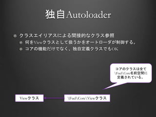 独自Autoloader
クラスエイリアスによる間接的なクラス参照
何をViewクラスとして扱うかをオートローダが制御する。
コアの機能だけでなく、独自定義クラスでもOK
Viewクラス FuelCoreViewクラス
コアのクラスは全て
FuelCore名前空間に
定義されている。
 